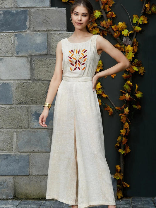 Beige Jumpsuit with Embroidery